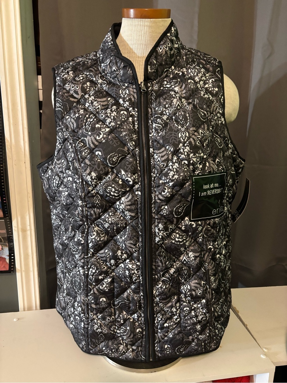 Erika Quilted Paisley Black & White Reversible Vest
